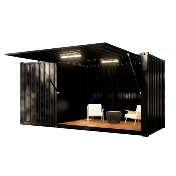 Pool house en container avec auvent refermable sur vérin