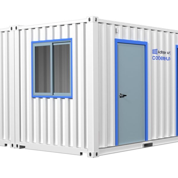 Garage préfabriqué en containers maritimes 28 m² avec porte sectionnelle, porte de service et fenêtre