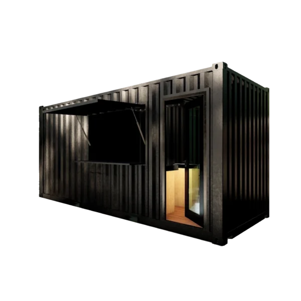 Pool house en container avec auvent type bar pour cuisine d’été